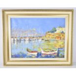 An oil on canvas painting depicting a Mediterranean port landscape, 20th century, indistinctly