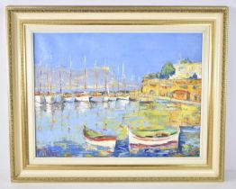 An oil on canvas painting depicting a Mediterranean port landscape, 20th century, indistinctly