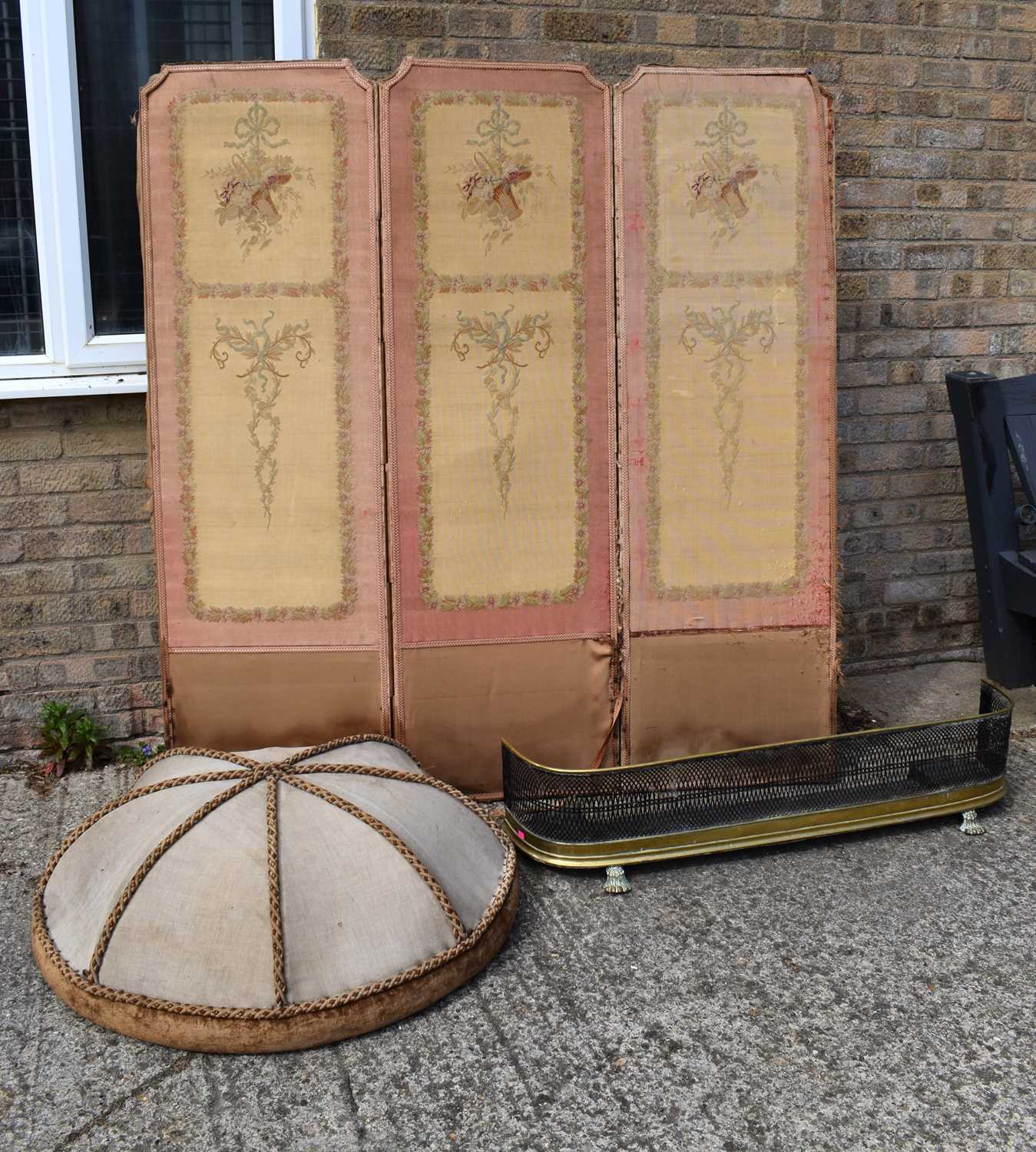 A French 19th century three fold screen with petit pois embroidered garlands together with an