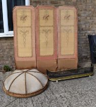 A French 19th century three fold screen with petit pois embroidered garlands together with an