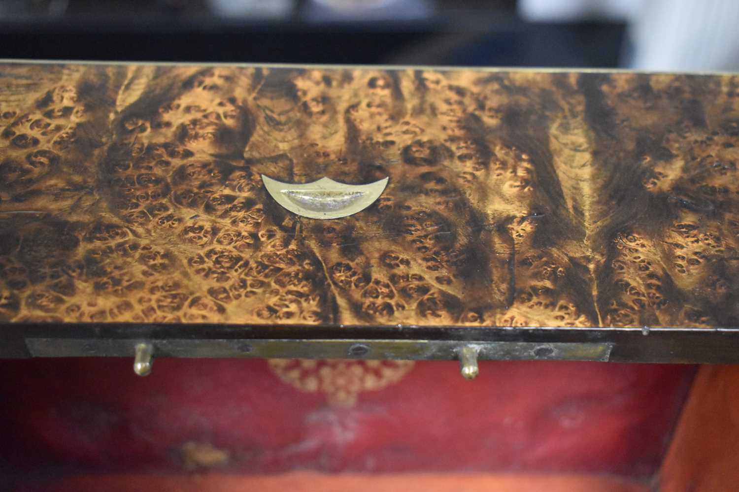 A late 19th or early 20th century burr walnut campaign six division decanter box with brass shield - Image 7 of 18