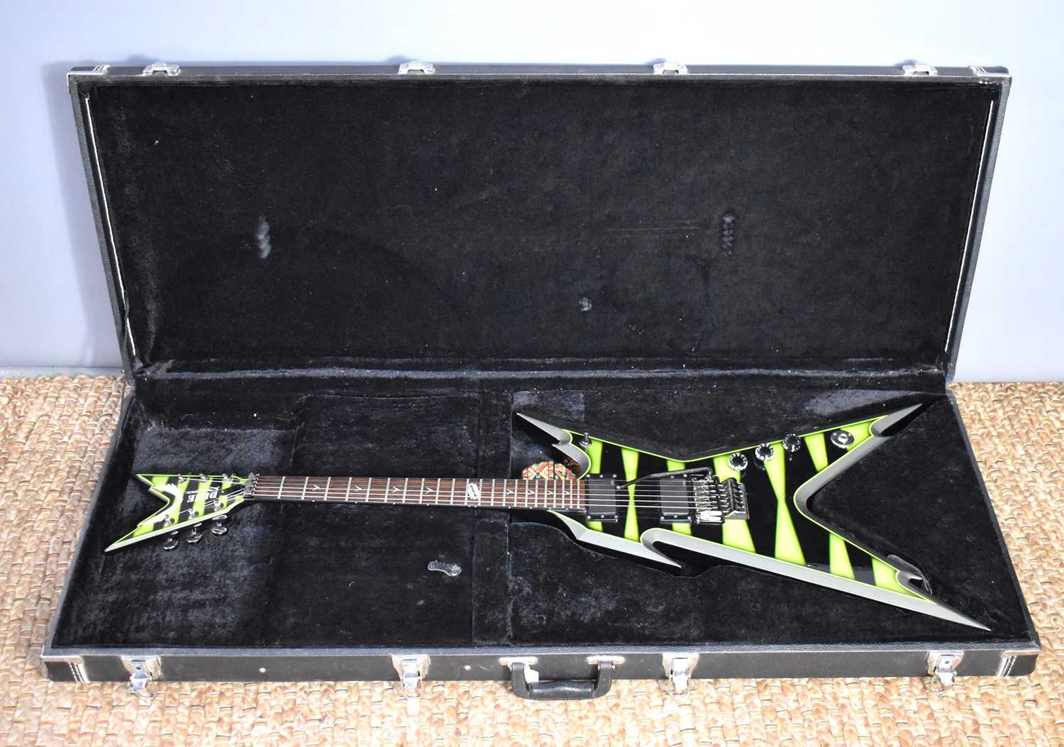 A Dean Dime Razorback electric guitar in the Slime Bumblebee finish, Dimebag Darrell signature,