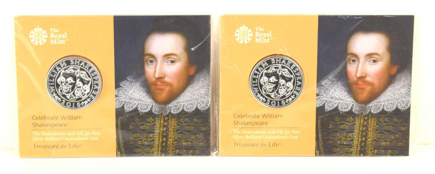 Two Royal Mint 2016 Shakespeare £50 fine silver coins, in the original packaging.