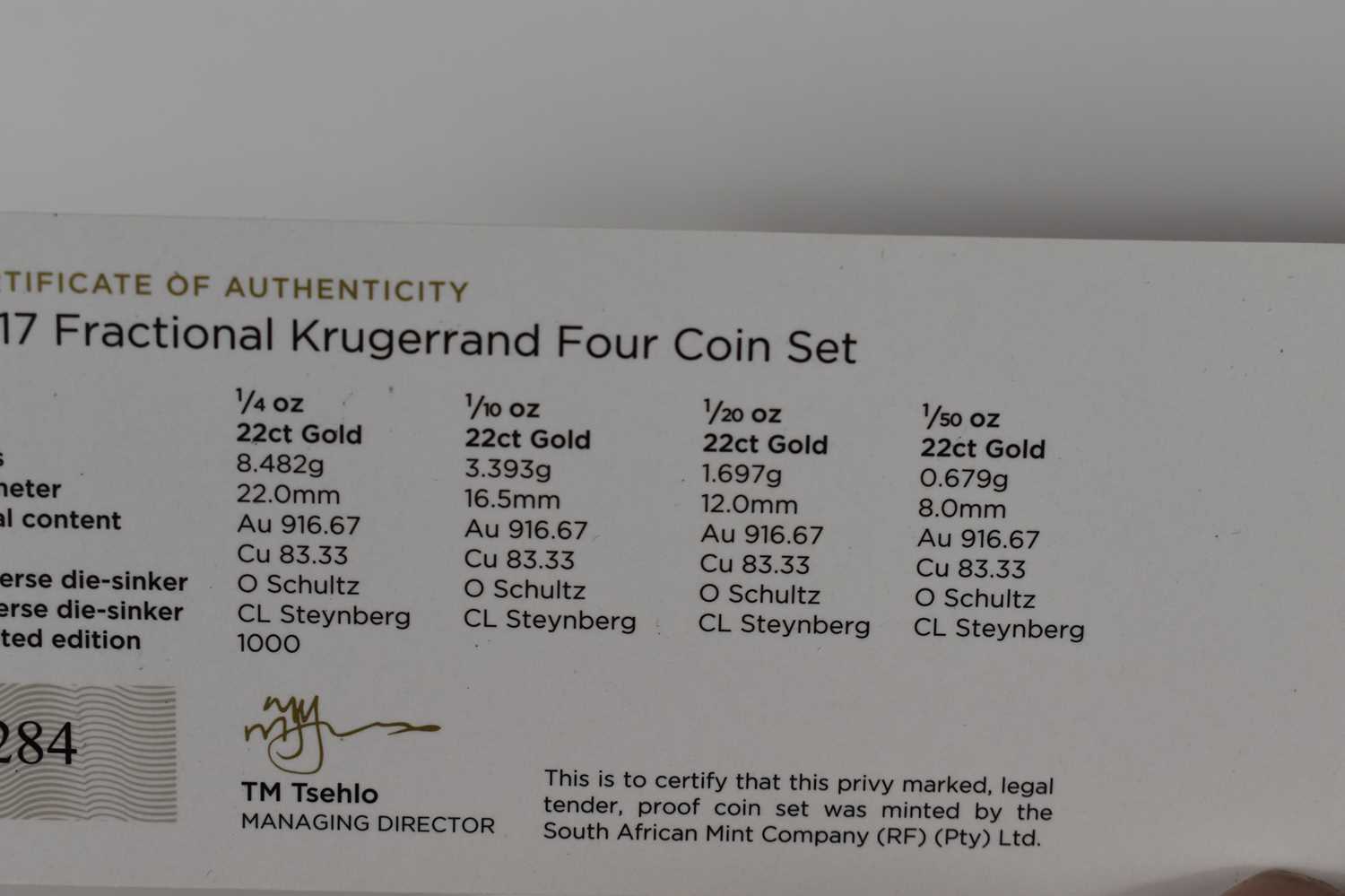 A South Africa Mint 2017 Krugerrand fractional 22ct gold proof coin set, 8.482g, 3.395g, 1.697g - Image 3 of 3