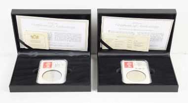 Two Datestamp silver 1oz Britannia coins, 2018 and 2020, in original box and with certificates.