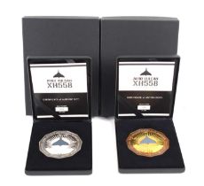 Two Avro Vulcan commemorative medals, one silver and the other gold plated, both with cases and