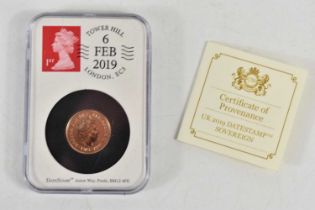 A Queen Elizabeth II gold sovereign, 2019, sealed in a Datestamp case, with certificate.