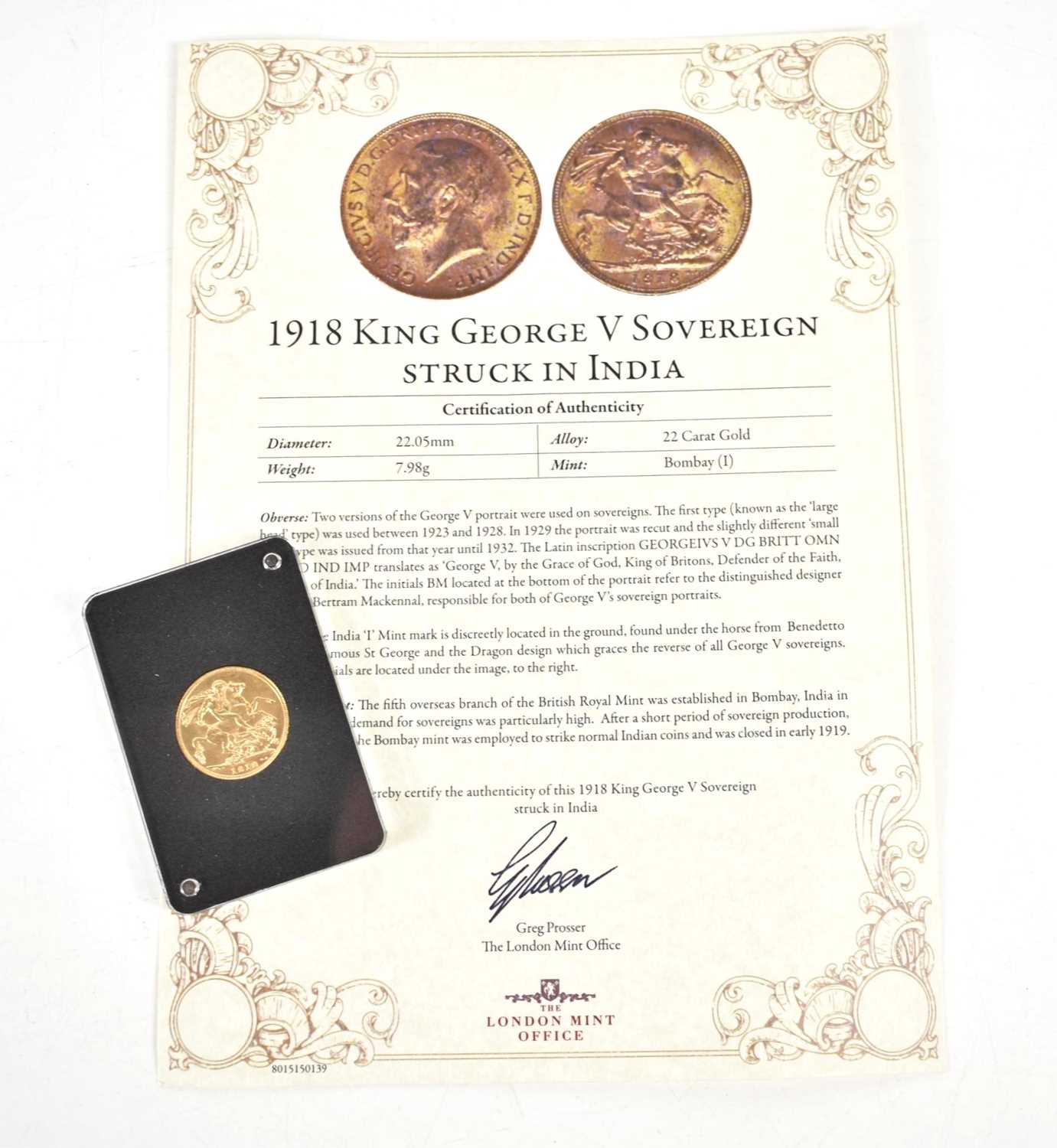 A King George V 22ct gold sovereign, India mint mark, dated 1918, with certificate.