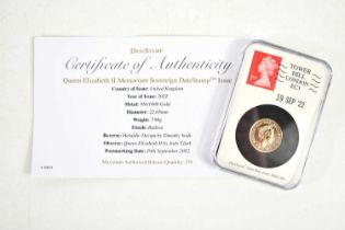 A Queen Elizabeth II 22ct gold Memoriam sovereign, 2022, bullion finish, sealed in a Datestamp