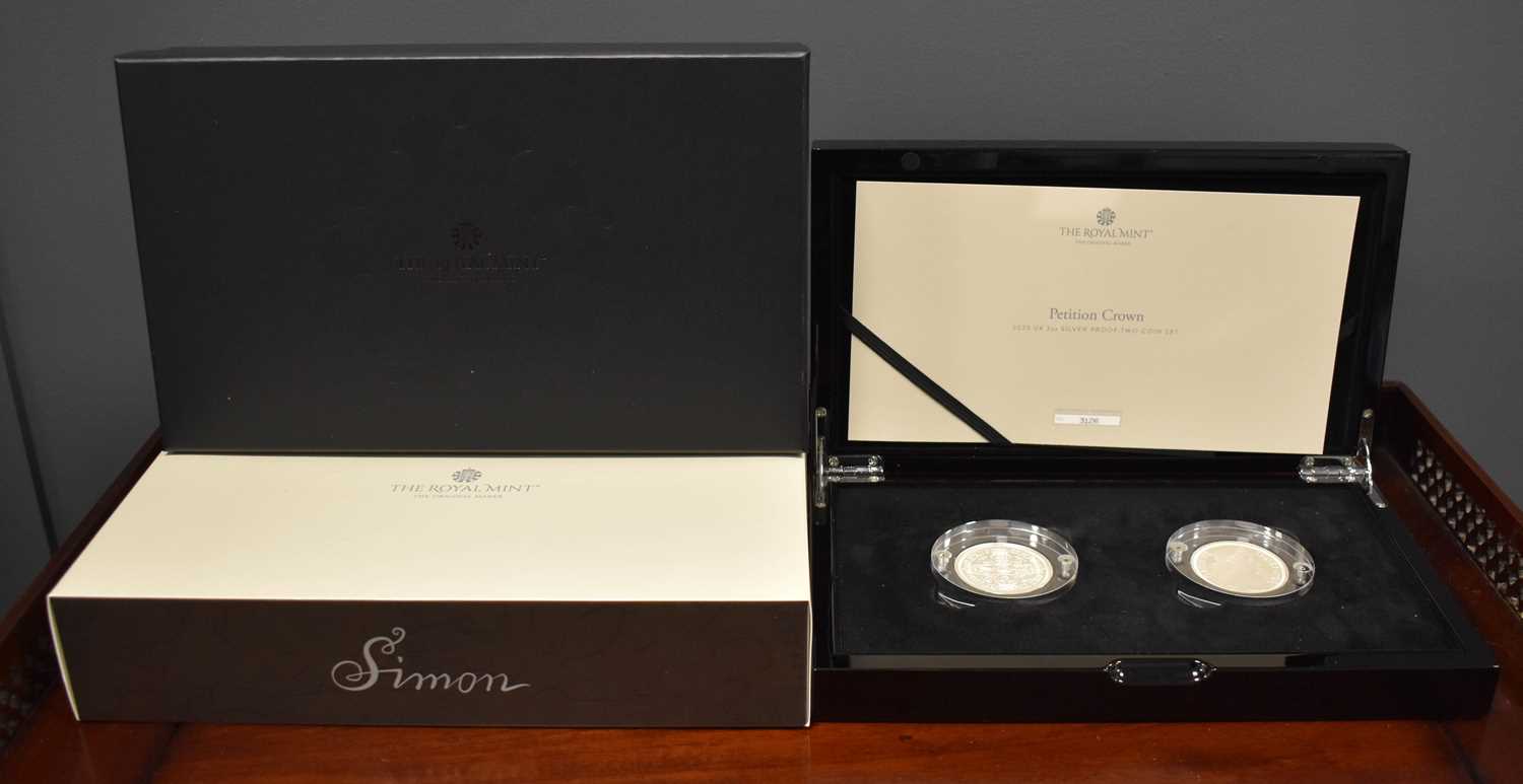 A Royal Mint Petition Crown 2023 2oz Silver Proof Two-Coin Set, with certificate of authenticity