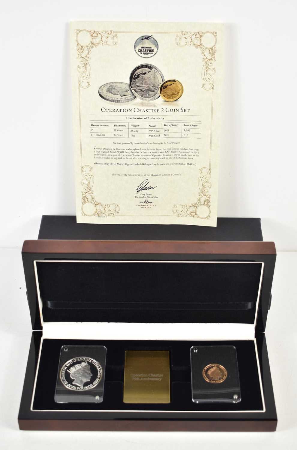 A London Mint Operation Chastise gold and silver coins set, limited edition, the set containing a