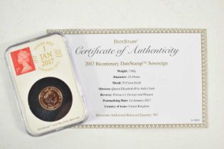 A Queen Elizabeth II gold sovereign, 2017 Bicentenary, sealed in a Datestamp case, with