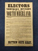 NORTH NORTHUMBERLAND ELECTION, 1865.  Broadsheet poster, Matthew White Ridley's declaration of his