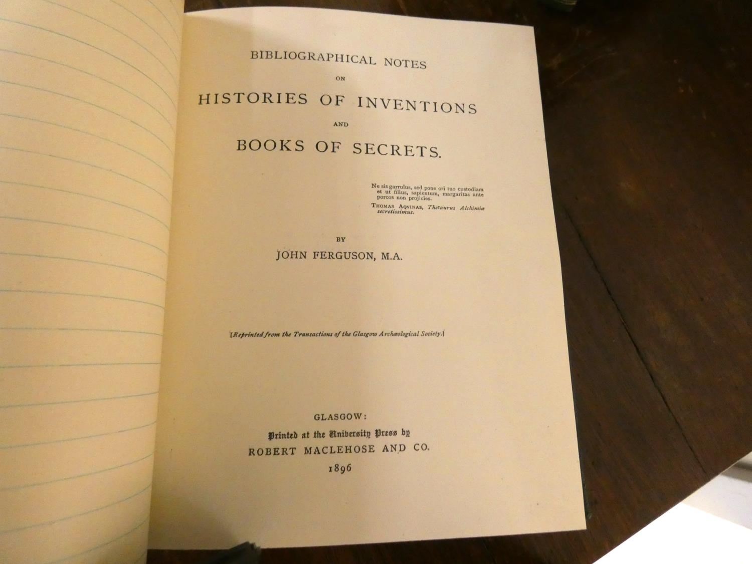 FERGUSON JOHN.  Bibliographical Notes on Histories of Inventions & Books of Secrets. Vols. 1 & 2, - Image 3 of 3