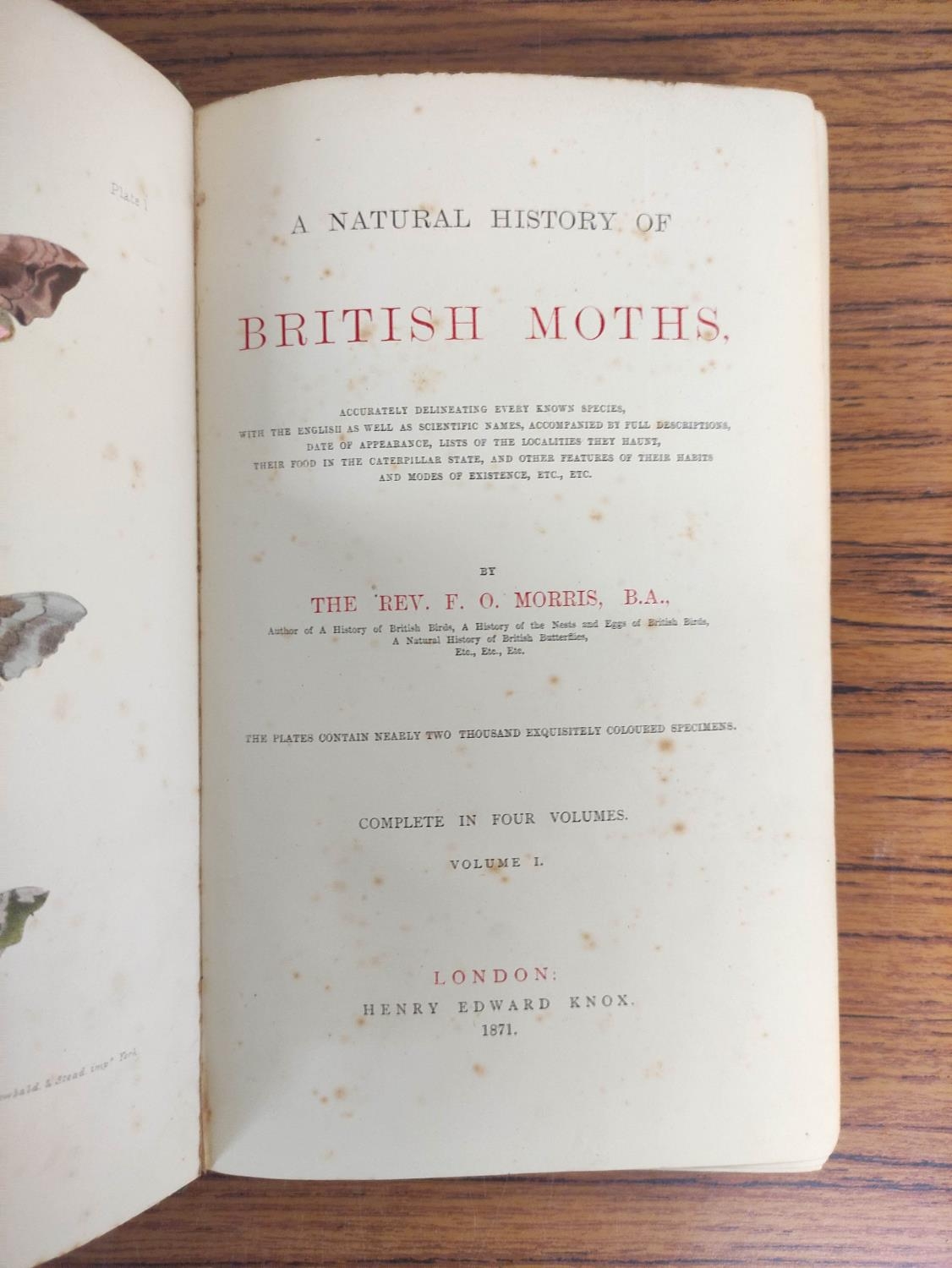 MORRIS REV. F. O.  A Natural History of British Moths. 4 vols. Many hand col. eng. plates. Royal - Image 3 of 10