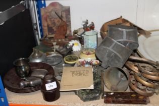 Curios to include a Bakelite ink holder, four Bakelite dishes, a model of a Viking longboat, a