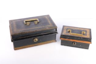 Metal cash box with lift-out tray, 23cm long, and another, 15cm long.