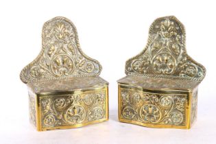 Pair of Dutch style repousse brass wall sconce candle boxes, 17cm tall.