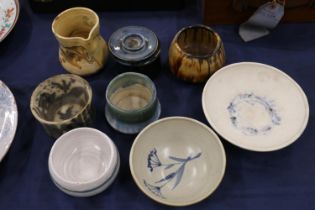 Studio Pottery by Honor Clerk to include agate ware jug, drip glaze vases, etc.