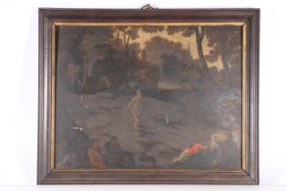 19TH CENTURY SCHOOL Ghostly figure running through a woodland before a town Oil on wood panel,