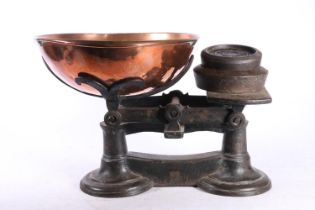 Cast iron balance scales with copper bowl and weights by Crane of Wolverhampton, A K & Sons and