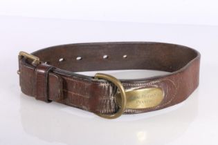 Brown leather dog collar with brass fittings and plaque 'Sir George D Clerk Penicuik'.
