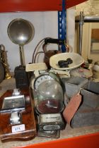 Walnut weather station, a 7lb weight, a Smiths alarm clock, James Galt & Co. scales, a copper