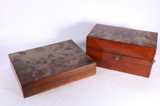 Antique mahogany hinge top box with twin brass carrying handles, 28cm long and another. (2)