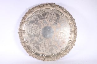 Large silver plated copper salver or circular tray, the top with etched floral design and relief