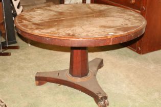 Victorian mahogany circular breakfast table, raised on tripartite base, terminating with whorl