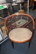 19th century mahogany and inlaid tub chair with teardrop spindle back, yoke back rail, raised on