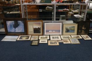 Group of paintings and prints to include a watercolour of a fisherman, etc. (10+)