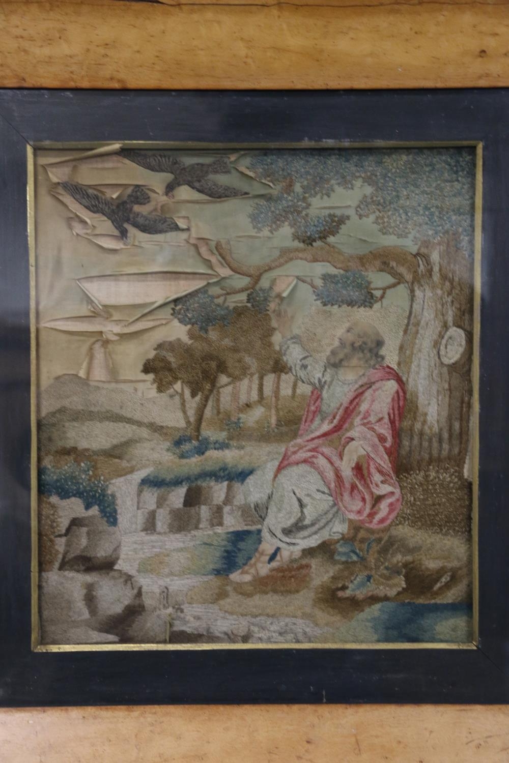 19th century needlework on silk panel depicting a gentleman with eagles, 38cm x 33cm, birch frame - Image 2 of 3