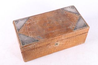 Victorian crocodile skin effect leather hinge top cigarette box with silver corners by C&W,