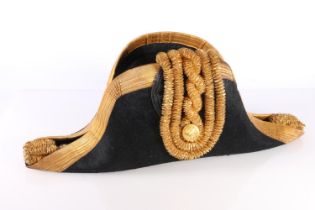 Gieves Ltd of London and Edinburgh naval bicorn hat, bullion wire trim, in original black metal