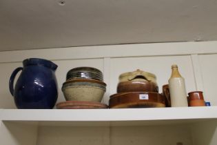 Stoneware to include a Gray of Portobello bottle, a blue glazed pottery ewer, oven dishes, etc.