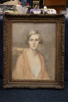 E HARRISON Half length portrait of a lady wearing salmon pink gown Watercolour, signed lower
