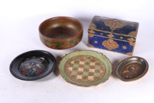 Jennings and Bettridge lacquered circular tray, painted treen bowl, two trays and a hinge topped