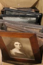 Box containing photographic prints in mahogany and ebonised frames, a 19th century drawing, and