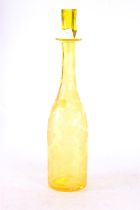 Bohemian yellow glass wine decanter decorated with etched design fruiting grapevine, 35cm high to