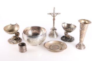 Eastern white metal bowl, two white metal table salts modelled as scallop shells with dolphin