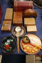 Group of treen items to include Russian lacquered items, a gilded leather dome top box, South