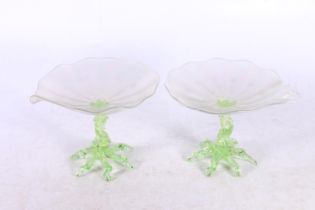 Pair of Czechoslovakian lustre glass pedestal bowls of lily pad form, raised on naturalistic