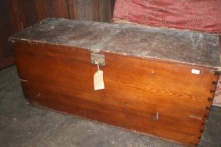 Large pitch pine metal bound hinge top chest, 138cm long.