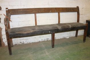 Antique mahogany bench, raised on square tapering supports, 182cm long.