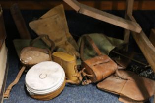 Two leather binocular cases, a leather holster, a leather sword case, gauntlets, etc.