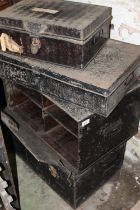 Black metal deed box by Clark Beatson of Edinburgh, and three others.