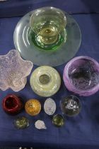 Art Glass to include a Scottish Borders purple patterned bowl, paperweights, handkerchief vase, etc.