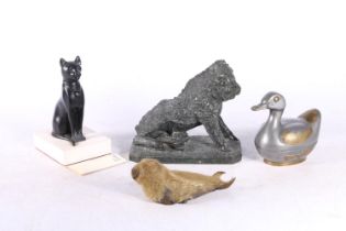 Italian grand tour carved serpentine model of a boar, an Egyptian cat model, seal paperweight and