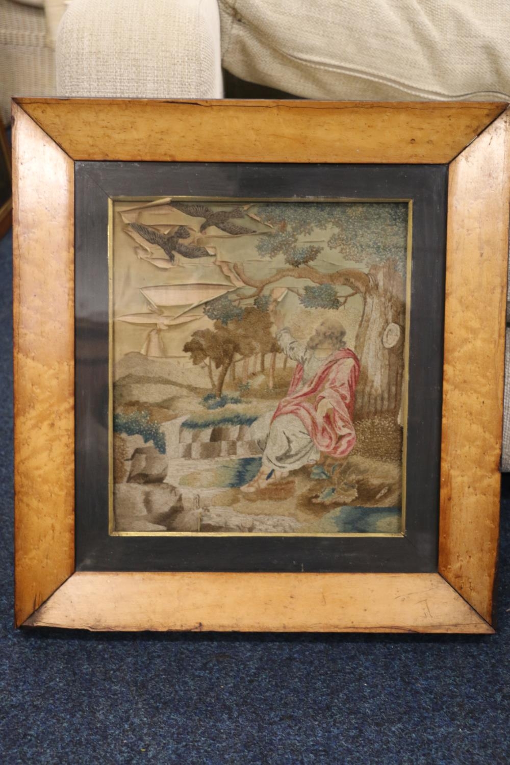 19th century needlework on silk panel depicting a gentleman with eagles, 38cm x 33cm, birch frame